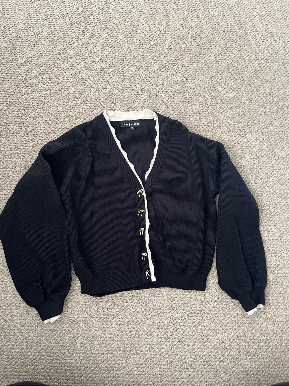 En Saison Black Cardigan with White Scalloped Trim